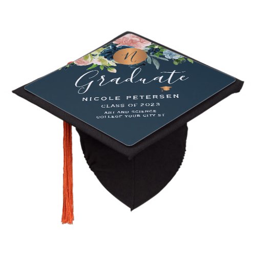 Modern elegant floral gold graduate script chic graduation cap topper