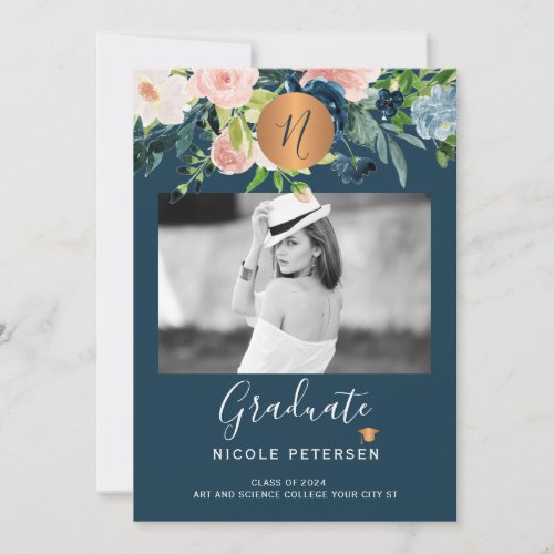 Modern elegant floral gold graduation photo announcement