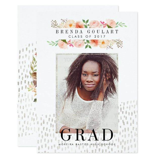 Modern Elegant Floral Graduation Photo Announcemen Card (front side)