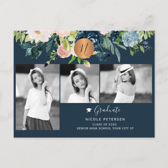 Modern elegant floral graduation photo collage announcement postcard (Front)