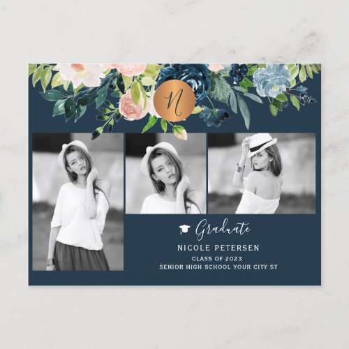 Modern elegant floral graduation photo collage announcement postcard