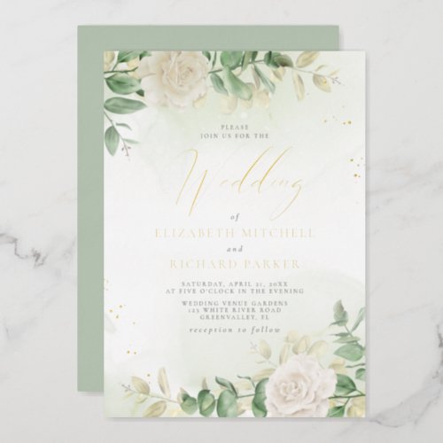 Modern Elegant Floral Greenery Wedding Foil Invitation