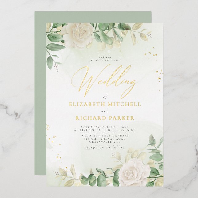 Modern Elegant Floral Greenery Wedding Foil Invitation (Front/Back)