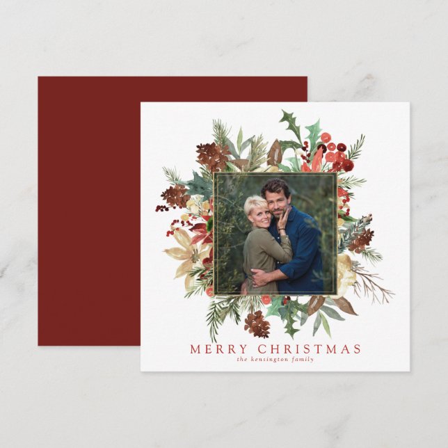 Modern Elegant Floral Holiday Christmas Photo Card (Front/Back)