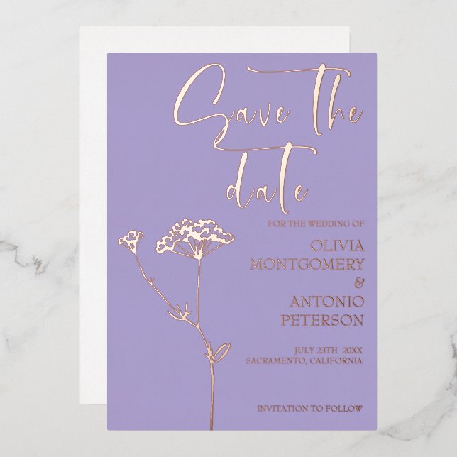 Modern Elegant Floral Lavender Save the date Foil Invitation (Front/Back)