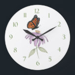 Modern Elegant Floral Minimalist Butterfly Simple Large Clock<br><div class="desc">Monarch butterfly flying about to land on a pretty purple coneflower. All elements of this design are editable. To change the background, choose "customize further" at the bottom select "choose a background color". This design features a modern elegant floral butterfly, stylish trendy nature purple flower, purple coneflower insect, simple minimalist...</div>
