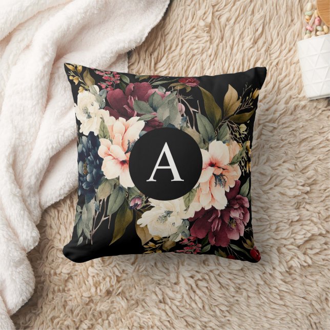 Modern Elegant Floral Monogram Personalized Throw Pillow (Blanket)