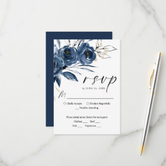 Modern Elegant Floral Navy Blue Script Wedding RSVP Card