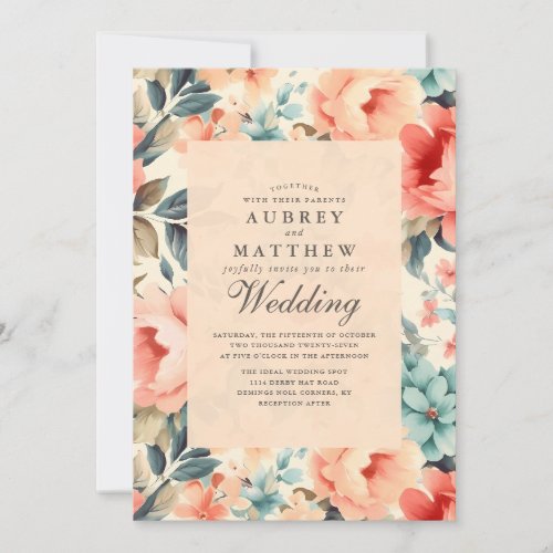 Modern Elegant Floral Peach  Teal Wedding Invitation