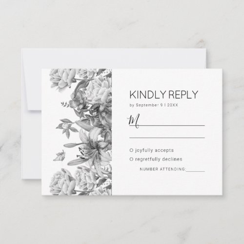 Modern Elegant Floral RSVP Card - Timeless black & white rsvp cards featuring a plain bright white background, elegant grayscale watercolor florals, and a modern wedding response template that can easily be personalized.
