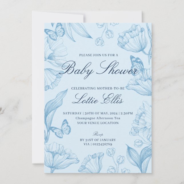 Modern Elegant Floral Sky Blue Boy Baby Shower Invitation (Front)