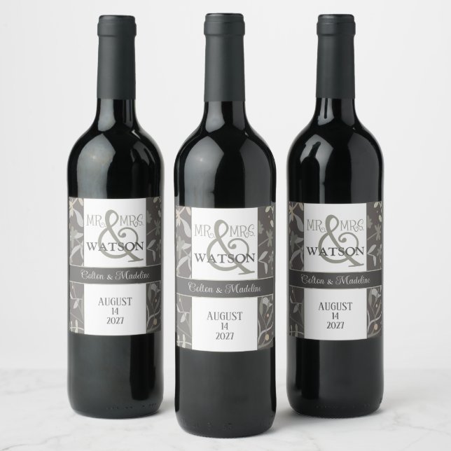 Modern Elegant Floral Sprigs Mr. & Mrs. Wedding  Wine Label (Bottles)
