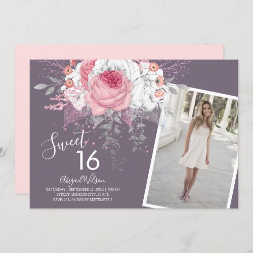 Modern elegant floral sweet sixteen birthday party invitation