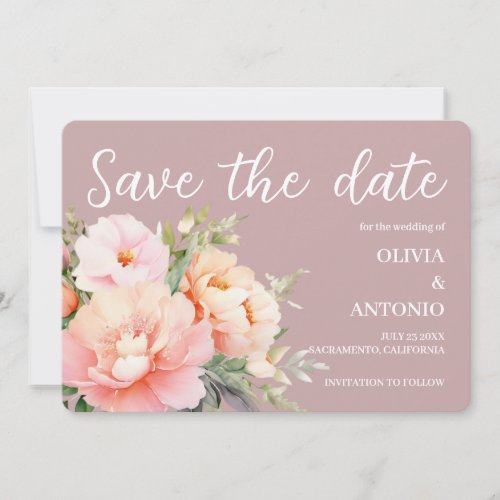 Modern Elegant  Floral Watercolor Peony Dusty Rose Save The Date