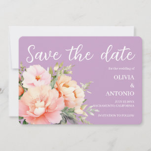 Modern Elegant Floral Watercolor Peony Lilac Save The Date