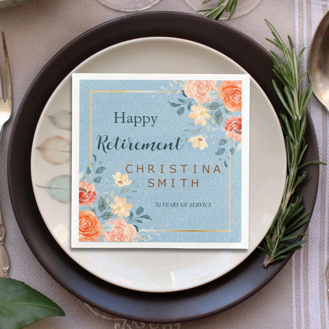 Modern Elegant Floral Watercolor Retirement Party Paper Dinner Napkins (Modern Elegant Floral Watercolor Retirement Party Paper Dinner Napkins)