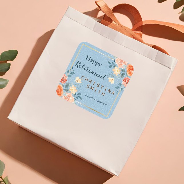 Modern Elegant Floral Watercolor Retirement Party Square Sticker (Modern Elegant Floral Watercolor Retirement Party Square Sticker)