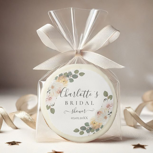 Modern, elegant, floral wedding sugar cookie (Modern, elegant floral wedding sugar cookie with your name & date.)