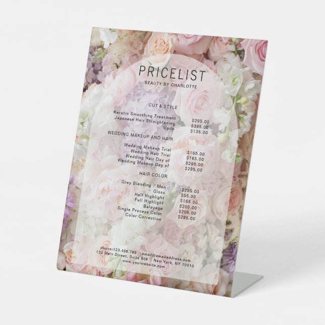 Modern,  elegant flowers, arch price list pedestal sign (Front)
