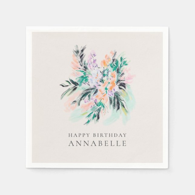 Modern Elegant Flowers Bouquet Happy Birthday Napkins (Front)