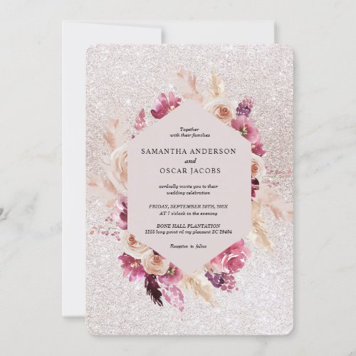 Modern Elegant Flowers Frame Glitter Pink Invitation