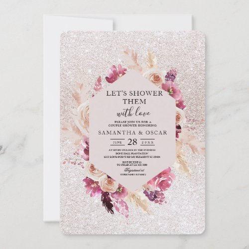 Modern Elegant Flowers Frame Glitter Pink Invitation