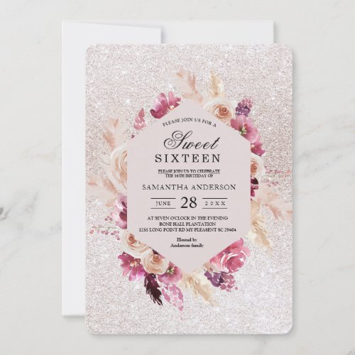 Modern Elegant Flowers Frame Glitter Pink Invitation