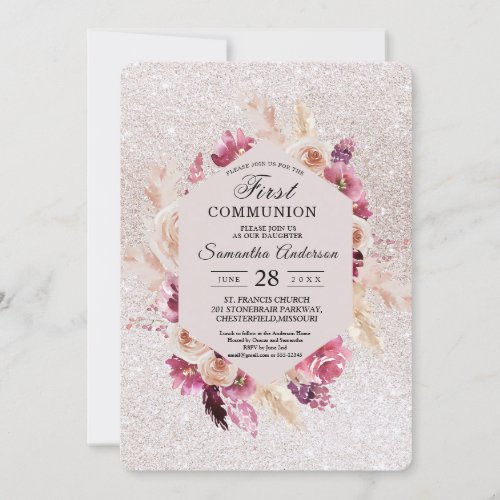 Modern Elegant Flowers Frame Glitter Pink Invitation