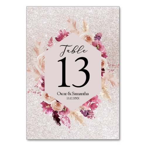 Modern Elegant Flowers Frame Glitter Pink Table Number