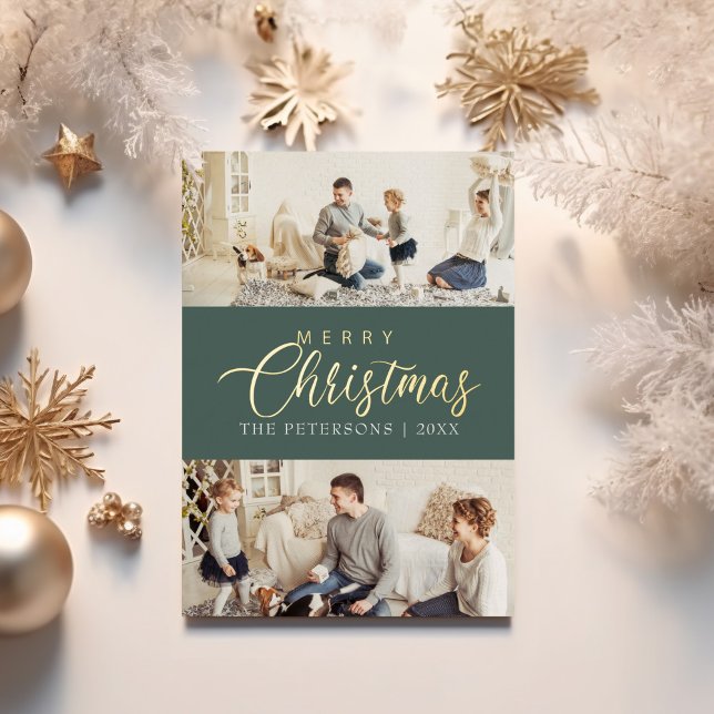 Modern Elegant Foil Photo Collage Christmas Card (Modern Elegant Photo Collage Christmas Greeting Foil Holiday Card on a table with golden decor.)