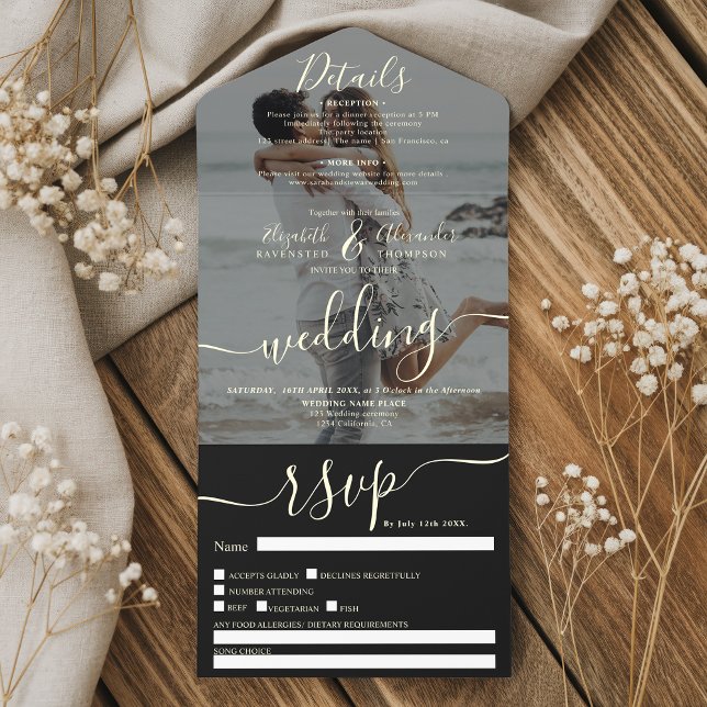 Modern elegant foil photo overlay wedding all in one invitation  (Modern elegant foil photo overlay wedding all in one invitation)
