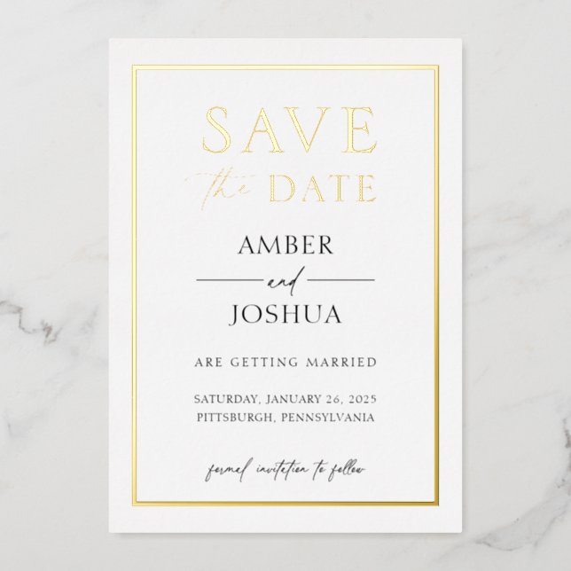 Modern Elegant Foil Pressed Wedding Save the Date Foil Invitation (Front)