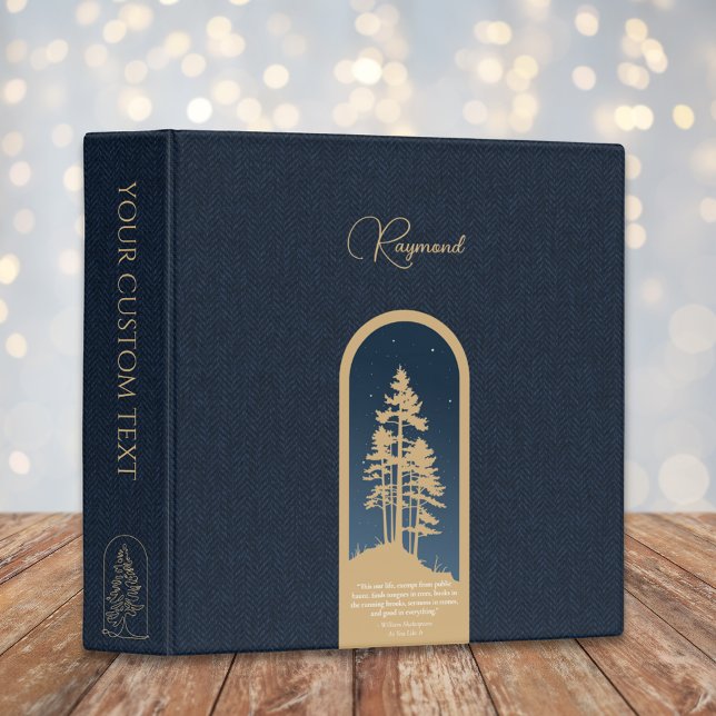 Modern Elegant Forest Gold Deep Blue Script Quote 3 Ring Binder (Creator Uploaded)