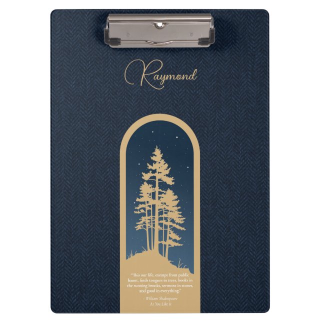 Modern Elegant Forest Gold Deep Blue Script Quote Clipboard (Front)