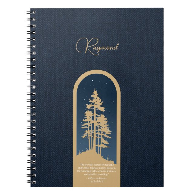 Modern Elegant Forest Gold Deep Blue Script Quote Notebook (Front)