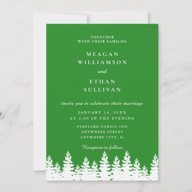 Modern Elegant Forest Green White Winter Wedding  Invitation (Front)