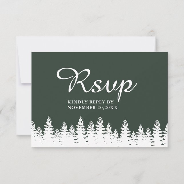 Modern Elegant Forest Green White Winter Wedding  RSVP Card (Front)
