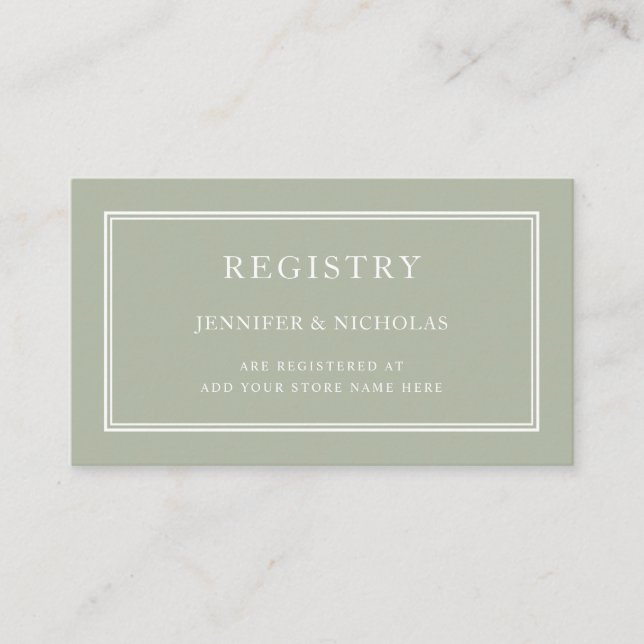 Modern Elegant Formal Sage Green Wedding Registry  Enclosure Card (Front)