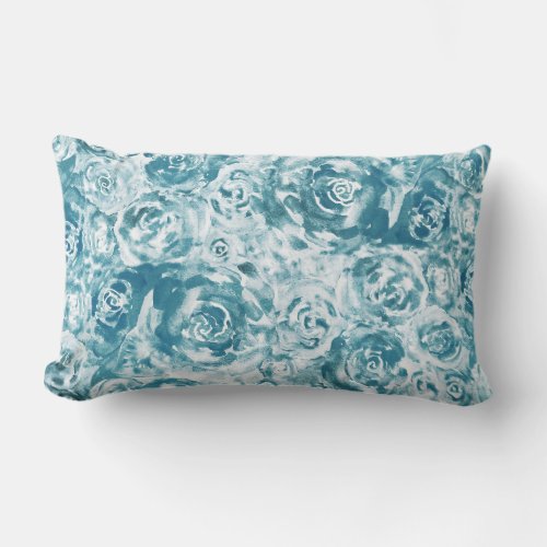 Modern Elegant Frost Teal Blue Watercolor Roses Lumbar Pillow