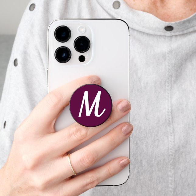 Modern Elegant Fuchsia Pink and White Monogram PopSocket (Hand)