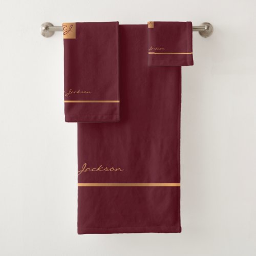 Modern elegant garnet chic monogrammed stripes bath towel set