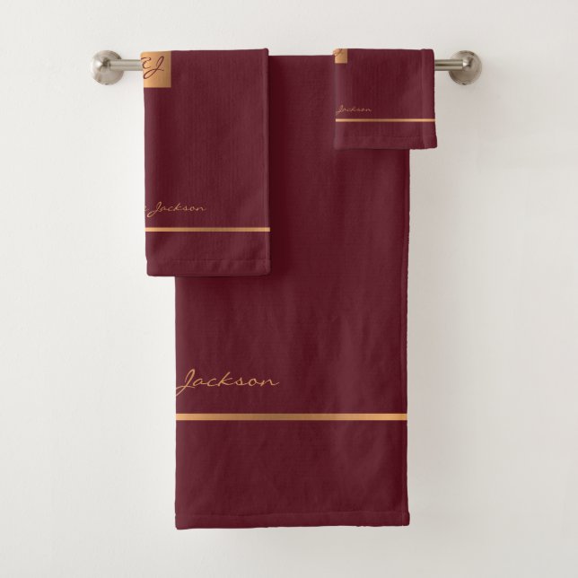 Modern elegant garnet chic monogrammed stripes bath towel set (Insitu)