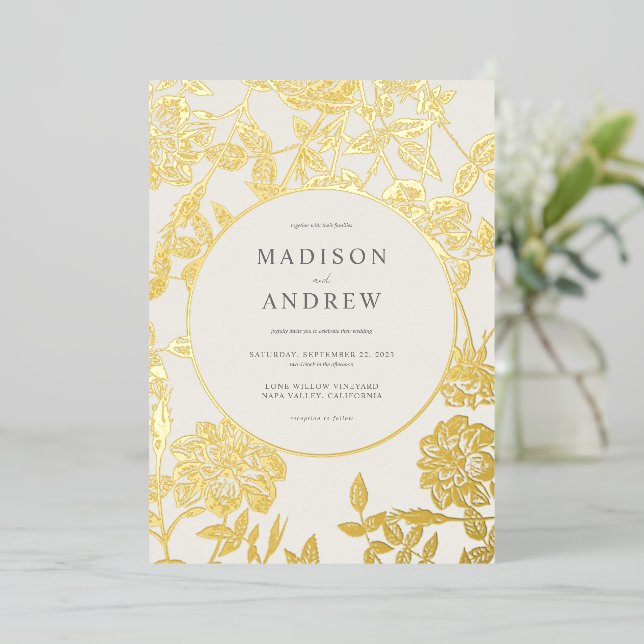 Modern Elegant Gilded Floral Wedding Foil Invitation (Standing Front)