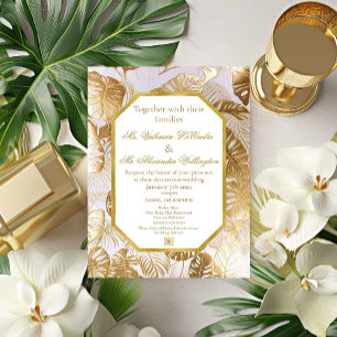 Modern Elegant Gilded Gold Monstera Foil Invitation