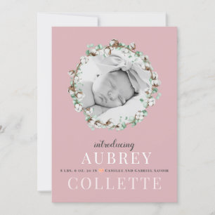 Modern Elegant Girl Pink Photo Birth Announcement