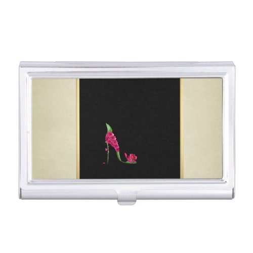 Modern Elegant Girly Black CreamFlower Heel Case For Business Cards