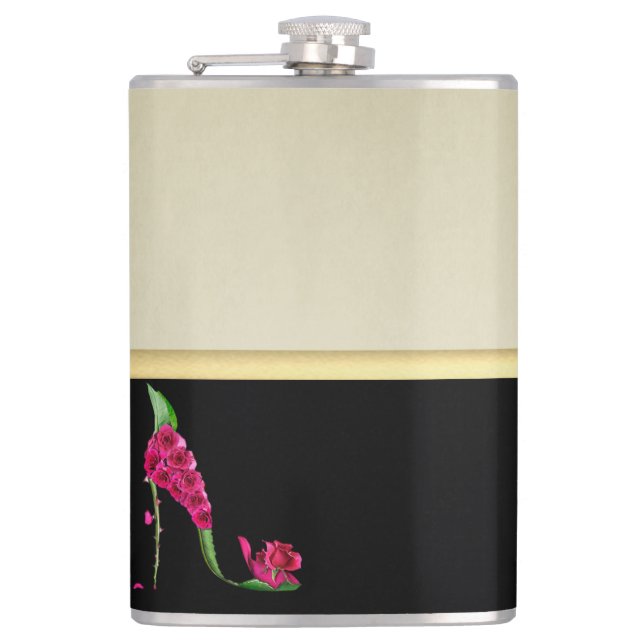Modern Elegant Girly, Black, Cream,Flower Heel Flask (Front)