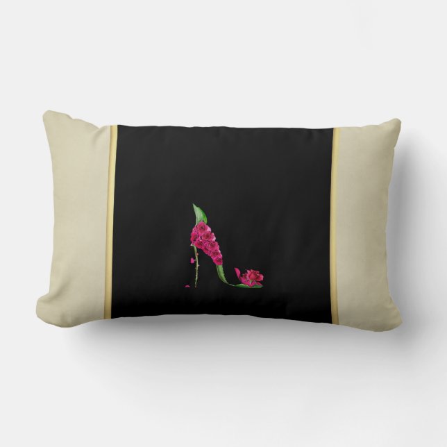 Modern Elegant Girly, Black, Cream,Flower Heel Lumbar Pillow (Front)