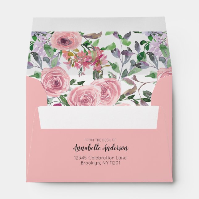 Modern Elegant Girly Blush Pink Floral Watercolor Envelope (Back (Bottom))