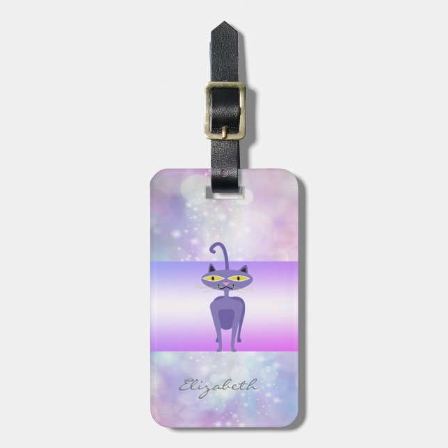 Modern Elegant Girly, Bokeh, Whimsical Cat Luggage Tag (Front Vertical)